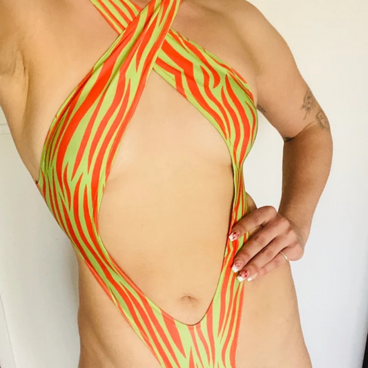 Criss-Cross Thong Monokini - Lime + Red ZEBRA Print - EXOTIC DANCEWEAR