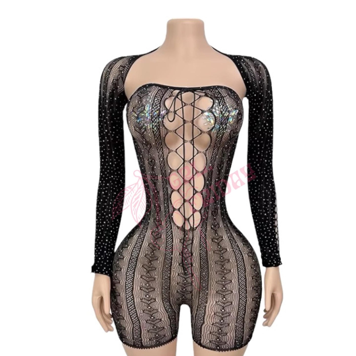 Black Rhinestoned Lace Up Sheer Mesh Fishnet Strapless Romper with Long Sleeve Shrug - EXOTIC DANCEWEAR