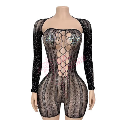 Black Rhinestoned Lace Up Sheer Mesh Fishnet Strapless Romper with Long Sleeve Shrug - EXOTIC DANCEWEAR